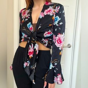 Floral Wrap Around Tie Front Top